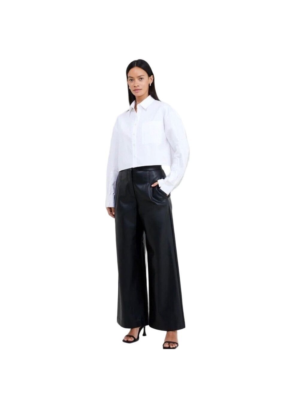 French Connection Wide Leg Trousers Faux Leather  Black "Crolenda" Style Size 12